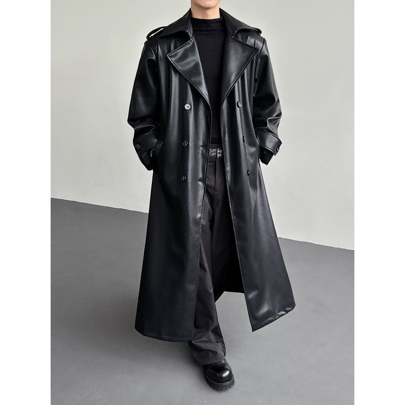 Men's Double-Breasted Leather Long Trench Coat