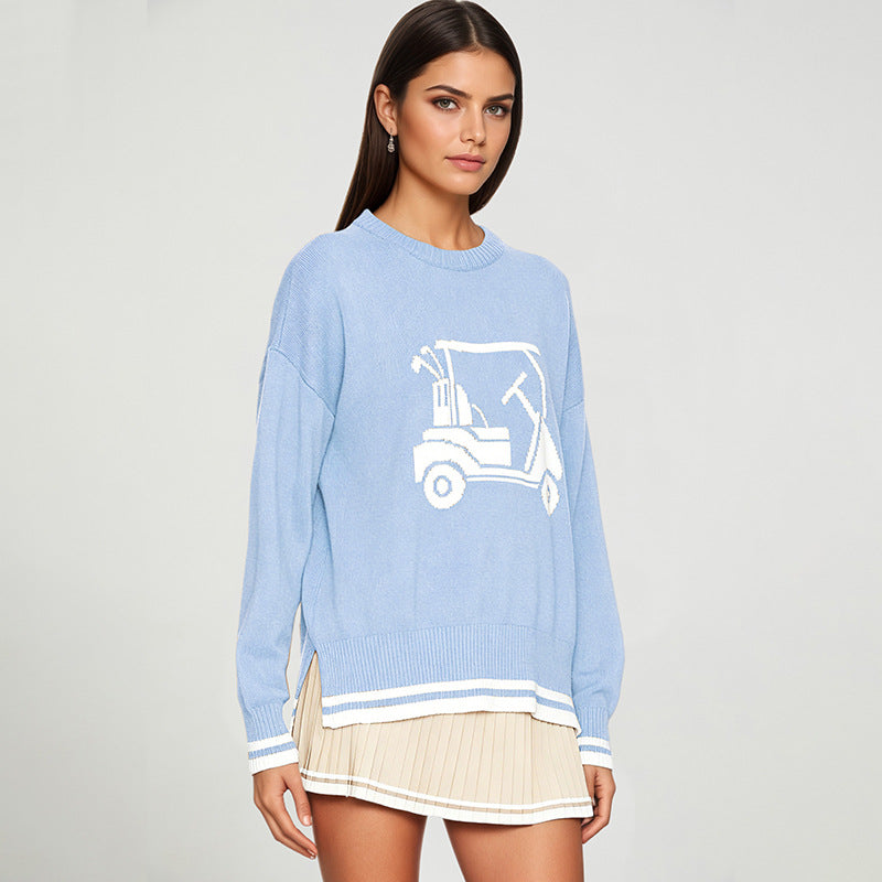 Round-neck Loose-fit Long-sleeve Jacquard-knit Pullover Sweater Top