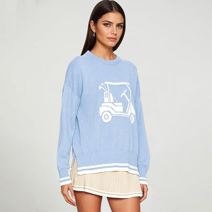 Round-neck Loose-fit Long-sleeve Jacquard-knit Pullover Sweater Top
