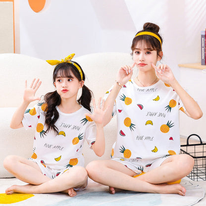 Children's Cotton Short-sleeved Home Wear Suit Parent-child Mother-daughter Home Cartoon Princess 2-piece Summer Thin Cotton