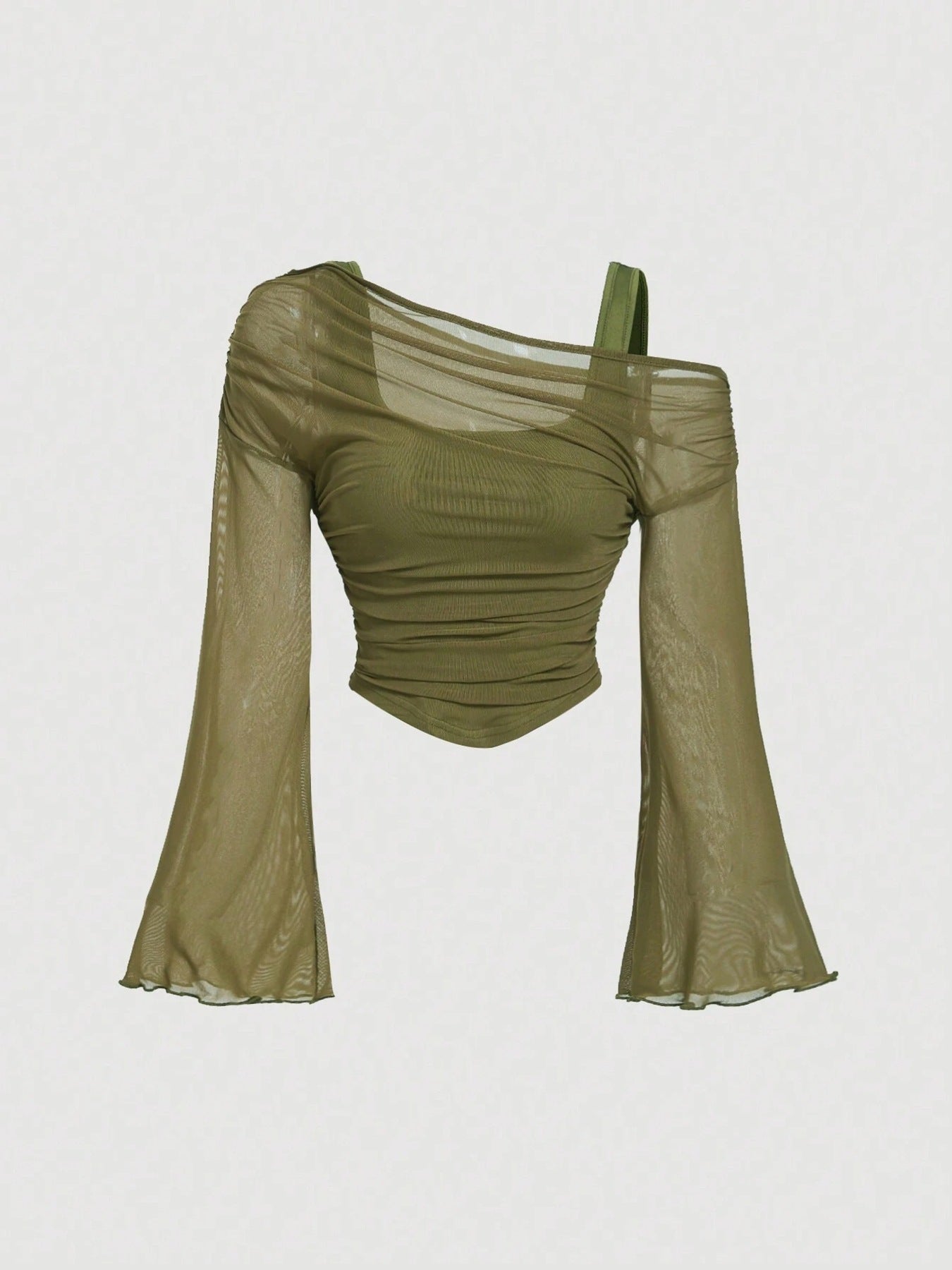 Mesh-Neck Pleated Long-Sleeve T-Shirt Top