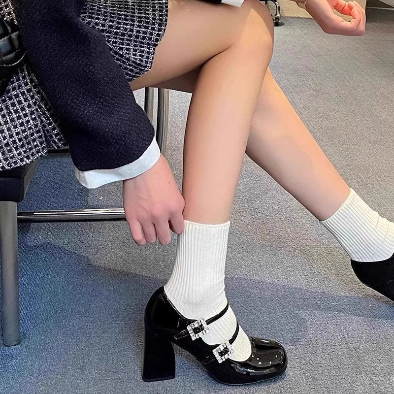 Women Sweet Vintage Glossy Patent Leather Heel Pumps, Soft Round Toe Two Parallel Instep Straps Double Crystal Rhinestone Square Buckle
