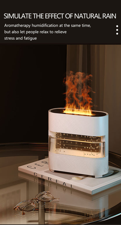 White humidifier with flames on a dark surface