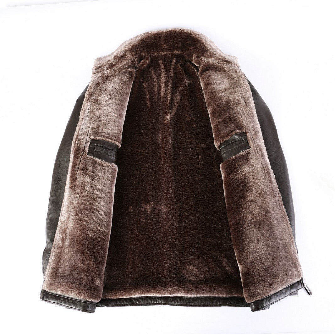 Genuine Leather And Fur One-piece Overcoat With A Lapel Lined With Fleece For Extra Warmth