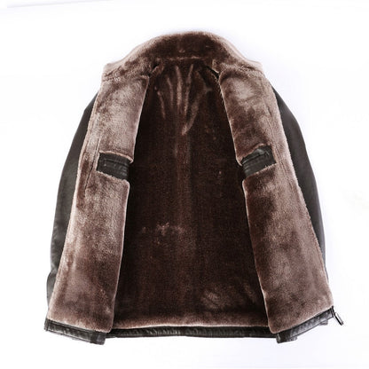Genuine Leather And Fur One-piece Overcoat With A Lapel Lined With Fleece For Extra Warmth