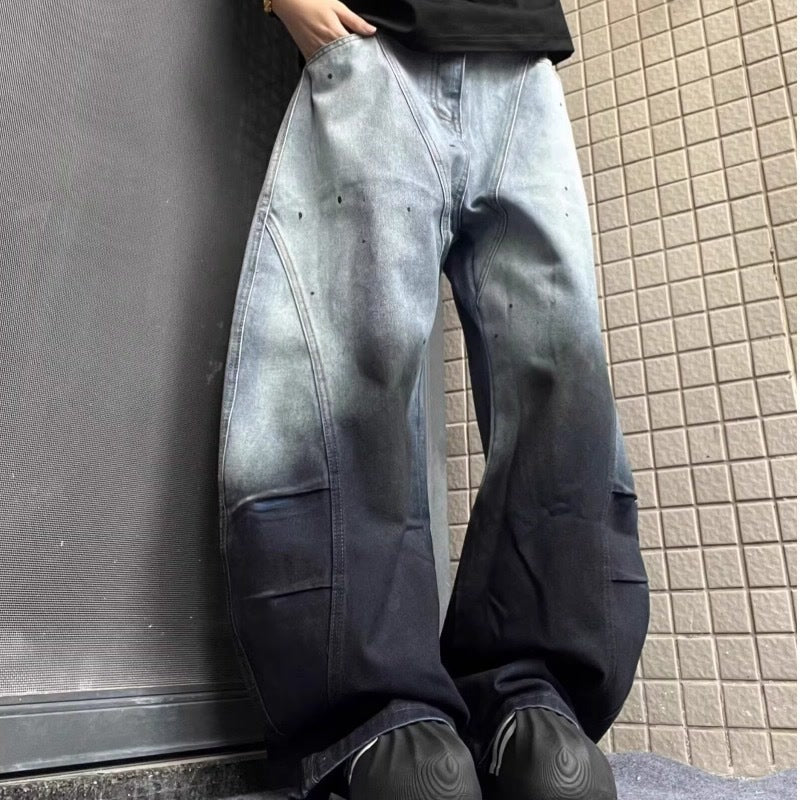 American-style Vintage Washed Ombre Tie-dye Bootcut Jeans