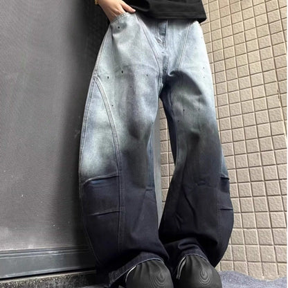 American-style Vintage Washed Ombre Tie-dye Bootcut Jeans