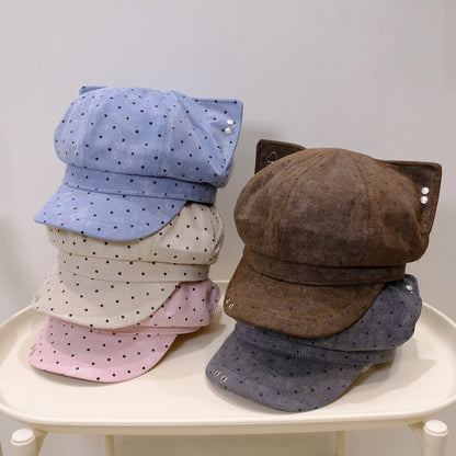 Korean-style Cute And Sweet Polka Dot Newsboy Hat Suitable For Spring And Autumn, Versatile For Casual Wear, Painter's Hat