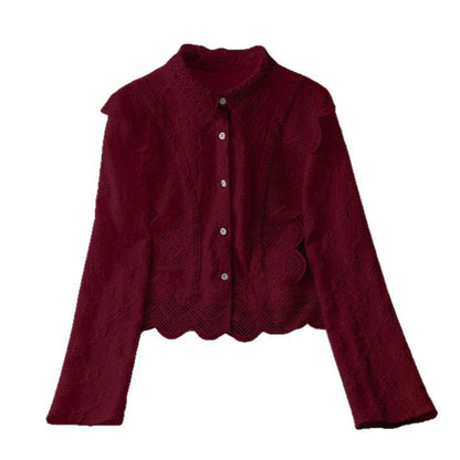 Hollow-out Suit-collar Long-sleeve Single-breasted Casual Lace-patchwork Blouse