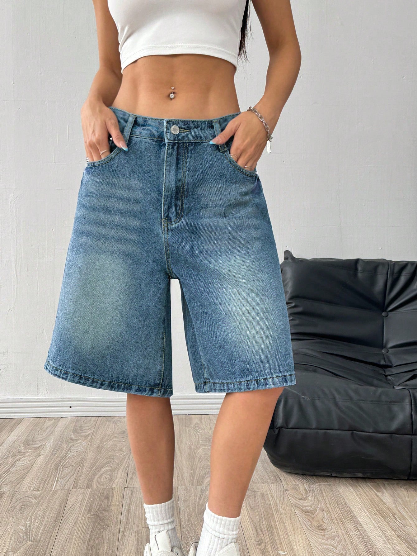 Womens Loose-Fit Casual Wide-Leg Denim Shorts