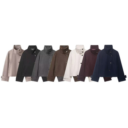 Womens Solid-Color Casual Stand-Collar Jacket With Buttons