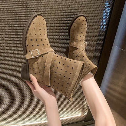 Retro Style Suede Western Cowboy Boots For Women, Niche, Thick Heel, Belt Buckle, Short Boots