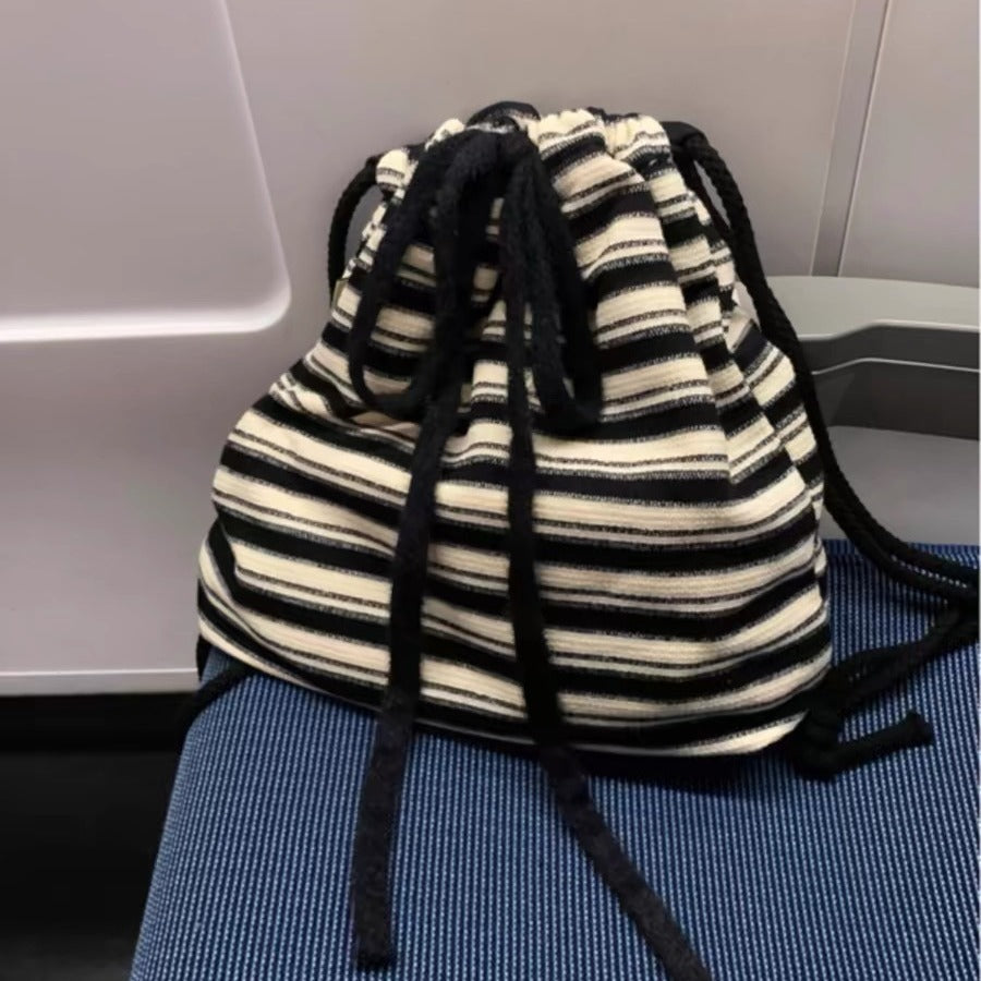 Fashion Black White Striped Drawstring Backpack Ins Lazy Style Large Capacity Canvas Bags Women Cute Campus Schoolbag For Girls