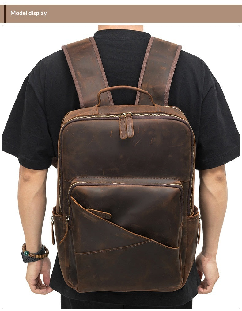 Leather Men's Computer Backpack, Leather Large Capacity Men's Business Travel Bag, Cowhide Backpack