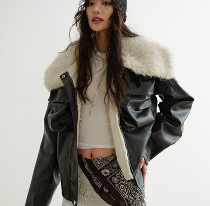 Color-blocked Relaxed-fit PU Faux Leather Black Turtleneck Jacket