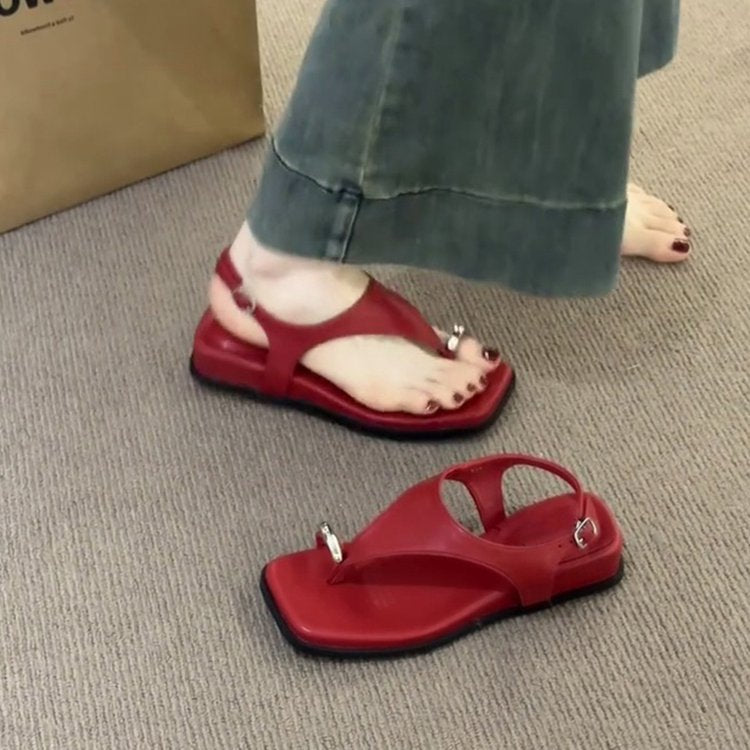2025 Summer New French Vintage Roman Sandals, Toe Loop Backless Square Toe Wedge Sandals