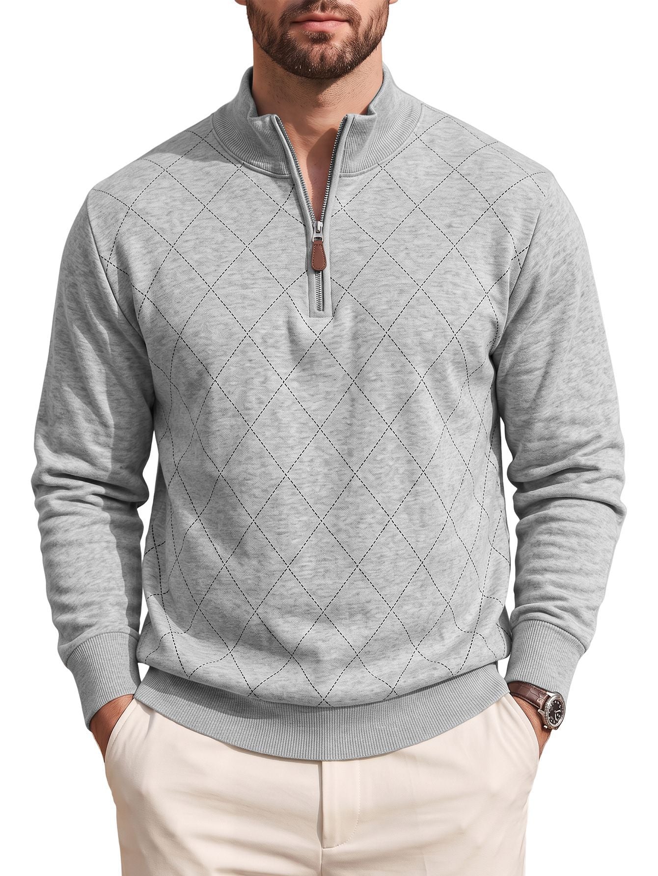 Mens Diamond-Check Half-Zip Long-Sleeve Casual Sweatshirt