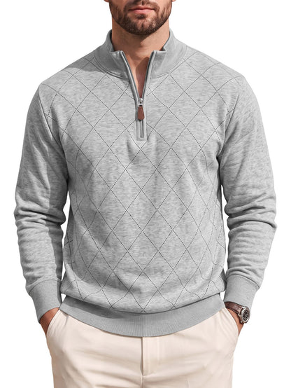 Mens Diamond-Check Half-Zip Long-Sleeve Casual Sweatshirt