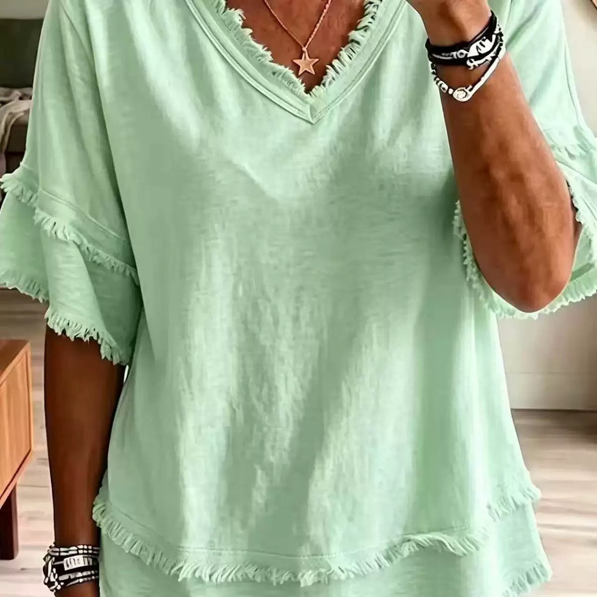 Casual Women's Shirt V-Neck Short Sleeve Loose Fit Pure Color Summer Fashion Trend Pullover Tops For Daily Wear