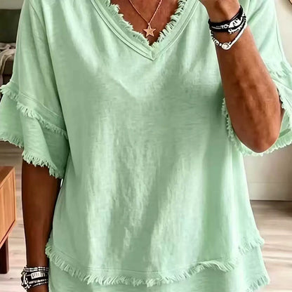 Casual Women's Shirt V-Neck Short Sleeve Loose Fit Pure Color Summer Fashion Trend Pullover Tops For Daily Wear