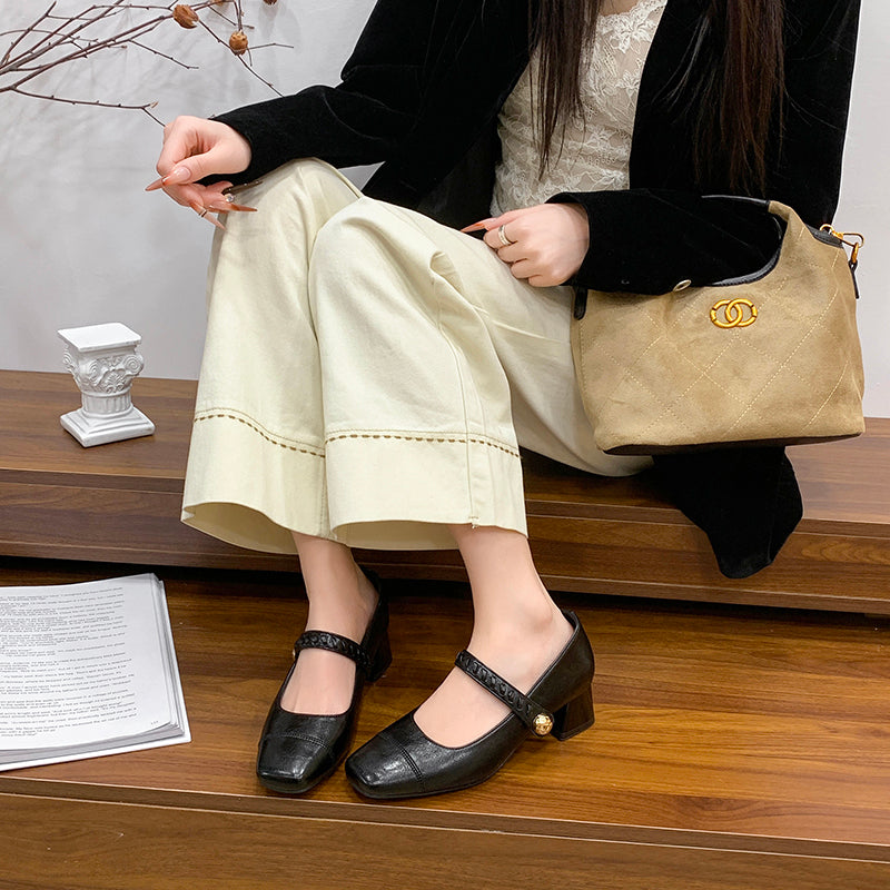 Women Vintage French Crinkled Leather Block Heel Pumps, Square Split Toe Strap Round Gold Metal Button Short Chunky Mid Heel Office Daily Commuting Dress Shoes