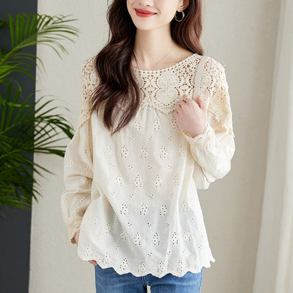 Apricot Lace Hollow-Out Blouse Womens Top