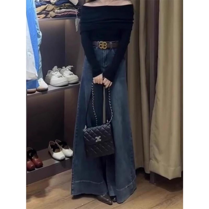 Stretchy Loose-fit Figure-flattering Draped Straight-leg High-waist Wide-leg Denim Jeans