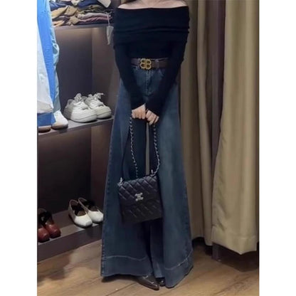 Stretchy Loose-fit Figure-flattering Draped Straight-leg High-waist Wide-leg Denim Jeans