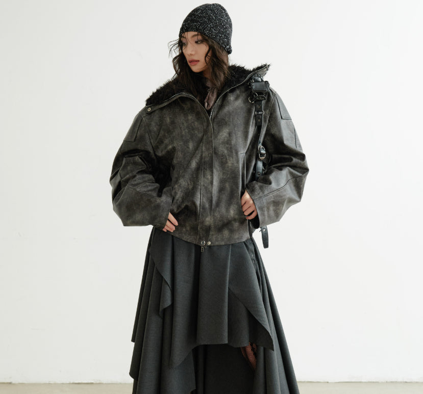 Turtleneck Smoky-blend PU Faux Leather Jacket