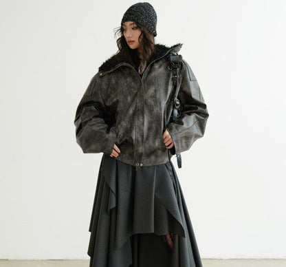 Turtleneck Smoky-blend PU Faux Leather Jacket