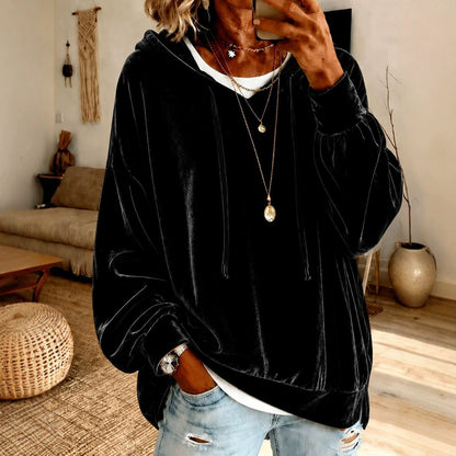 Women Casual Velvet Hooded Sweatshirt Long Sleeve Drawstring Loose Pullover Hoodie With Side Pockets Fall Winter Tops