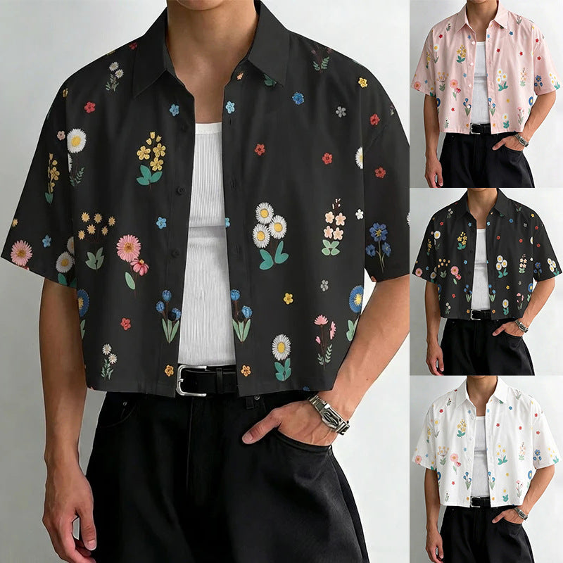 Mens Loose-fitting, Cropped, All-over Print Short-sleeve Shirt