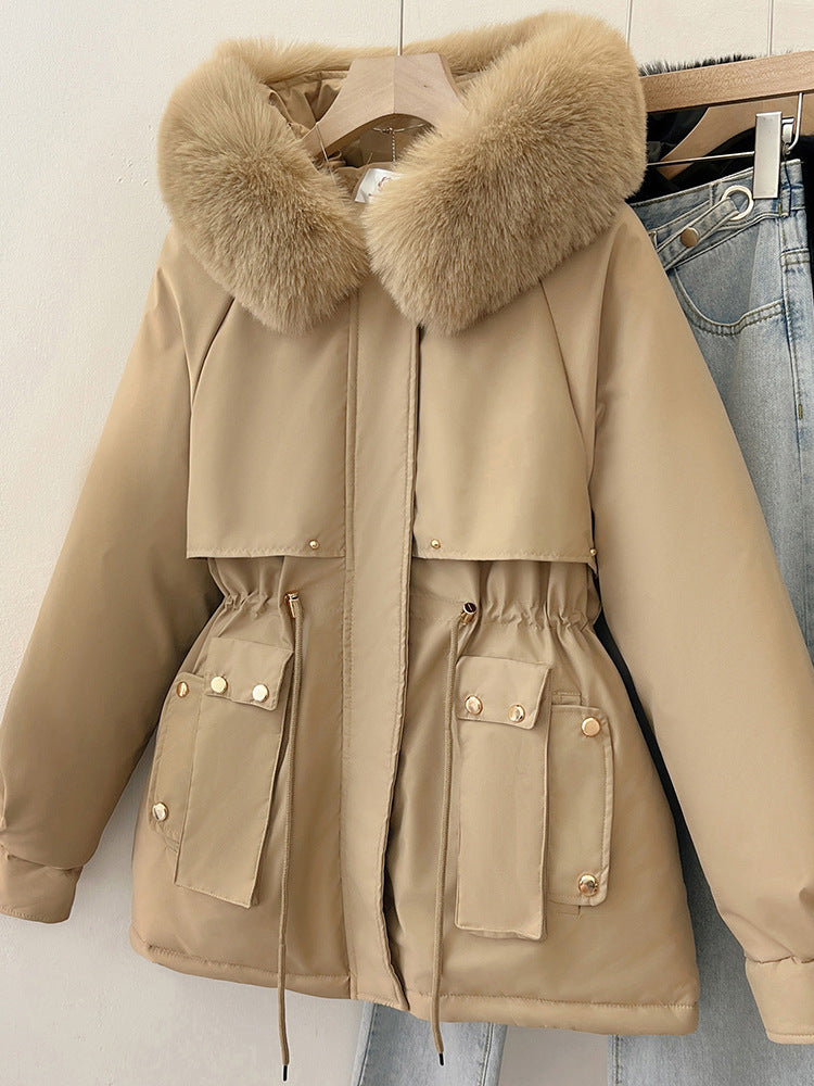 Womens Solid-Colored Loose Cotton Padded Coat With A Large Furry Collar
