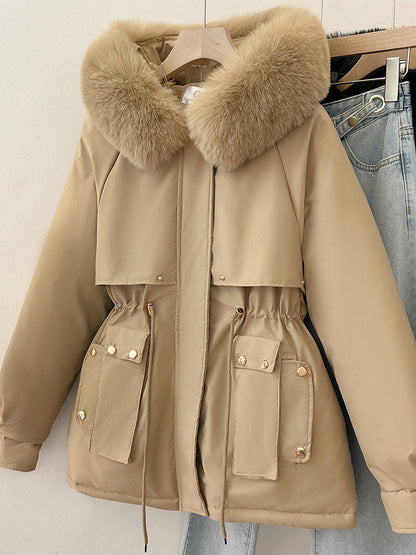 Womens Solid-Colored Loose Cotton Padded Coat With A Large Furry Collar