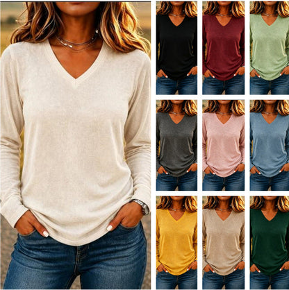 Leisure Pullover V-neck Solid Color Loose Long Sleeves T-shirt