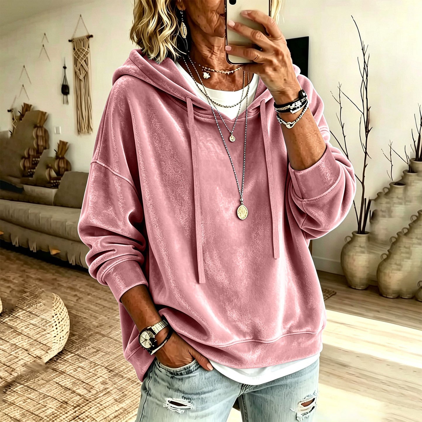 Womens Casual Solid-Color Hooded Long-Sleeve Top With Drawstring