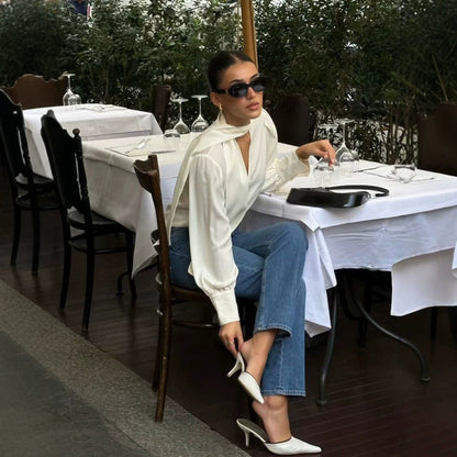 Elegant Solid-color V-neck Long-sleeve Blouse With Ribbon Detailing