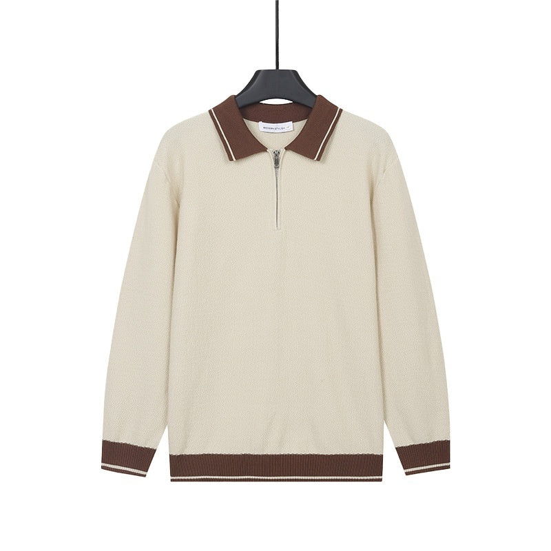 Mens Solid-Color Casual Top With Lapel And Half-Zip