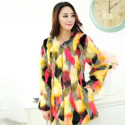 New Faux Fur Coat Color Stitching Contrast Women's Clothing