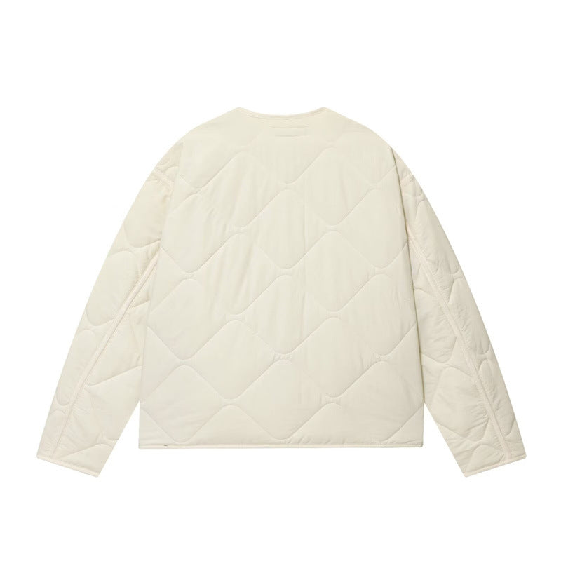 Womens Simple Cotton Padded Jacket With Crew Neck And Chest Pocket