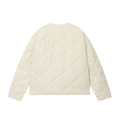 Womens Simple Cotton Padded Jacket With Crew Neck And Chest Pocket