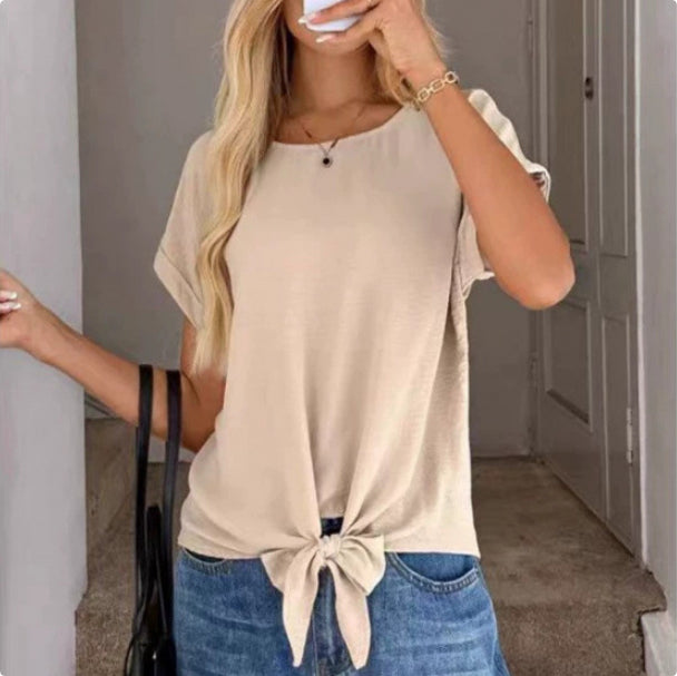 Short-sleeve Fashionable Casual Round-neck Top With A Bow Tie Strap