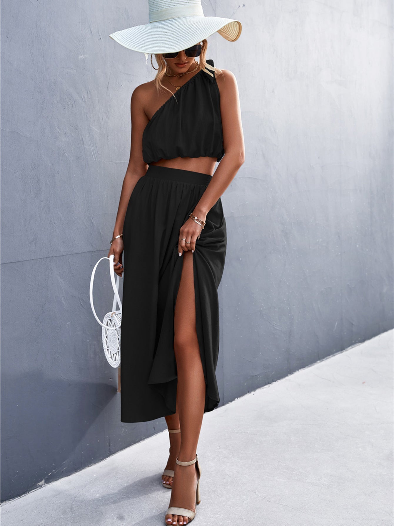 Oblique Shoulder Lace-Up Vest Slit Skirt Suit