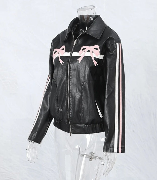 Women's Bow-Knot Zipper Leather Jacket