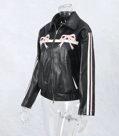 Women's Bow-Knot Zipper Leather Jacket