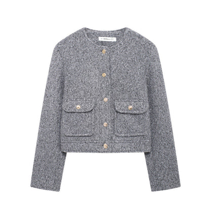 Fashionable Round-neck Pearl Leather Jacket Short-style Outerwear
