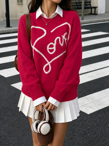 Casual Loose Long Sleeve White Love Heart Pattern Knit Top Valentine Sweater For Women