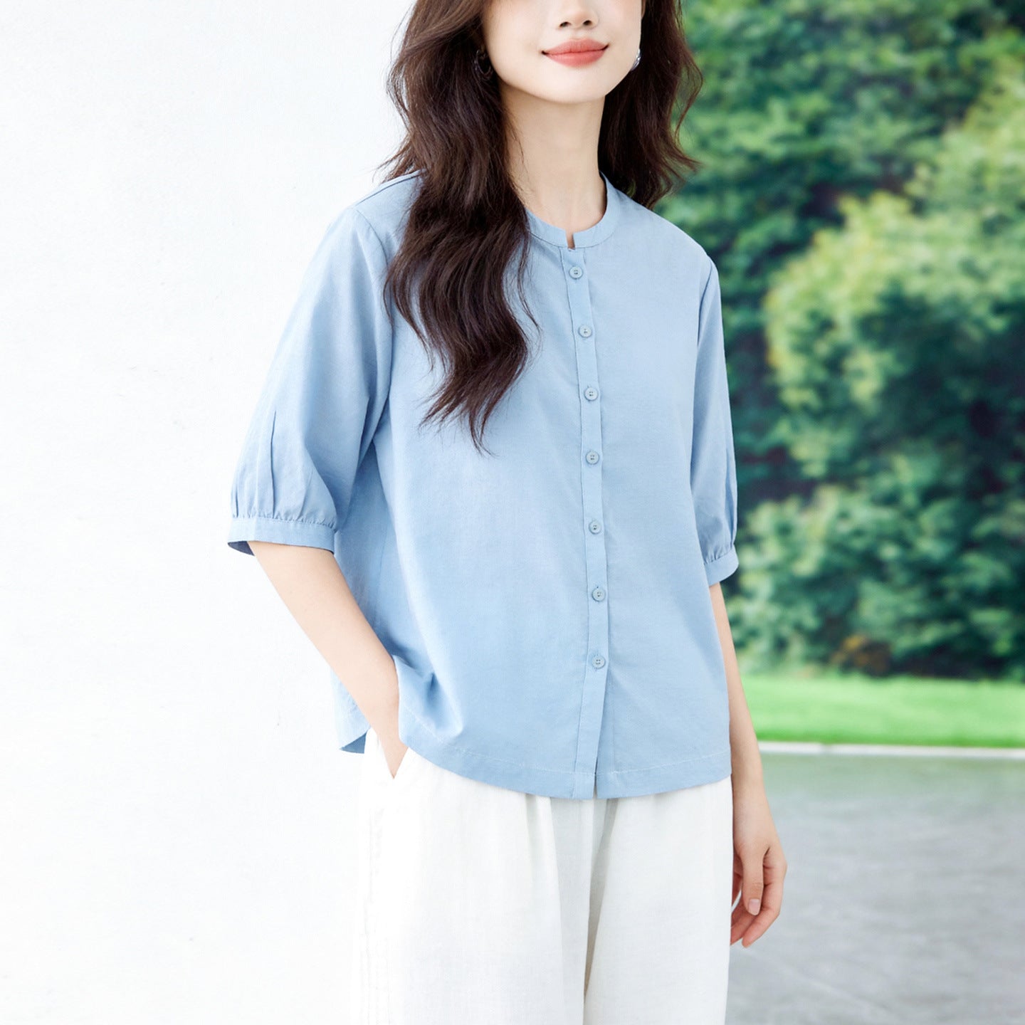 Retro Cotton-linen Blouse For Women Three-quarter Sleeves Arrival Round Neck