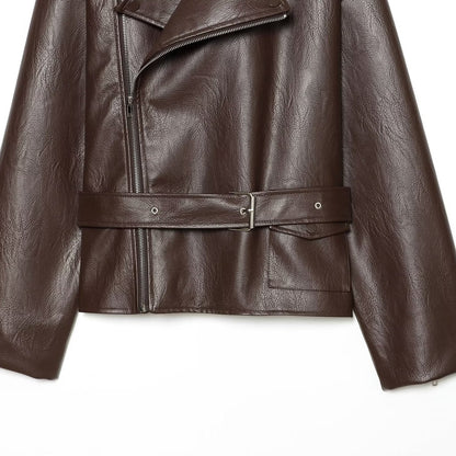 Elegant LapelneckLaceup Cropped Leather Jacket For Workwear