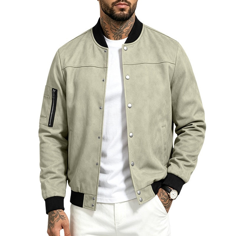 Mens Suede-Blend Casual Sporty Stand-Neck Jacket With Buttons